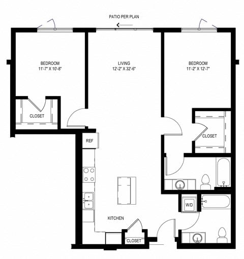 Floor plan for 2 beds, 2 baths, 1090 sqft
